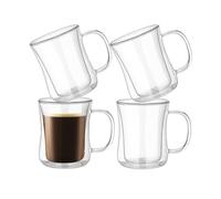 4x350ml Double Walled Coffee Glasses Mugs with Handle, Cappuccino Latte Macchiato Cups for Tea Coffee Milk Juice Ice Cream, Handmade Insulated Borosilicate Heat Resistant Glass, Dishwasher Safe