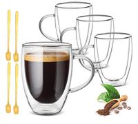 4x350ml Double Walled Glass Coffee Mugs with Handle,Cappuccino Mugs,Insulated Drinking Cups,Clear Glass Mugs for Latte, Americano,Hot Drinks Tea Milk Juice Ice Cream