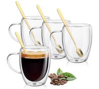 4x350ml Glass Double Walled Coffee Mug with Handle and Spoon, Insulated Coffee Cup, Heat Resistant, Reusable Latte Glasses Tea Cups Cappuccino Cups, Clear Borosilicate Cups for Hot and Cold Drinks