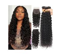 4x4 Closure Human Hair Bundles with Closure Peruvian Remy Hairs Water Wave Bundle(16 16 16 With 14)