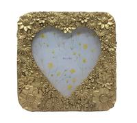 4x4 Inch Heart Shaped Vintage Floral Picture Frame, Antique Gold Frame | 3D Embossed Full Blooming Flower, Dual Wall Mount & Tabletop Display, Ornate Decorative Photo Frame for Home Decor Gift