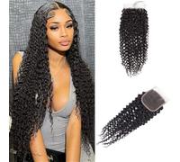 4x4 Kinky Curly Lace Closure Human Hair Pre Plucked Brazilian Virgin HairExtensions 150 Density Natural Black Color Wear and Go(14inch)