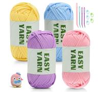 4x50g Crochet Yarn Chunky Yarn for Crochet, Easy Cotton Yarn for Crochets with Easy-to-See Stitches, Stitch Markers, Easy Crochet Starter Kit for Beginners Pink Purple Blue Yellow