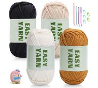 4x50g Crochet Yarn Chunky Yarn for Crochet, Easy Cotton Yarns for Crochets with Easy-to-See Stitches, Stitch Markers, Easy Crochet Starter Kit for Beginners Beige Brown White Black
