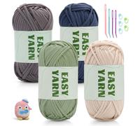 4x50g Crochet Yarn, Chunky Yarn for Crochet, Easy Cotton Yarns for Crochets with Easy-to-See Stitches, Stitch Markers, Easy Crochet Starter Kit for Beginners Blue Green Beige Gray