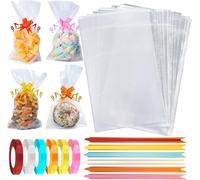 4x6-150pcs CelloMania Cellophane Bags, Food Safe Sweet Bags Cookie Bags with Mix Colors Pull Bows and Ribbons-Flat Bottom Clear Bag for Sweets, Gifts Packaging for Christmas and Festivals