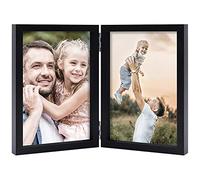 4x6 Double Picture Frames Hinged MDF Wood with Real Glass Stand Vertical on Tabletop, Black