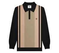 (4XL, Black/Stone) Lambretta Mens AW25 Vintage Panelled Long-Sleeved Polo Shirt