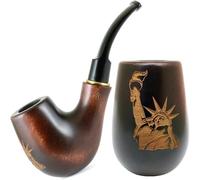 5.1’’(13cm) Pear wood tobacco smoking pipe with engraving Statue of Liberty for 9mm filter, velvet pouch gift