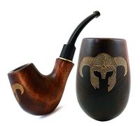 5.1’’(13cm) Pear wood tobacco smoking pipe with engraving Vikings Helmet for 9mm filter, velvet pouch gift