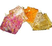 5, 10 or 25 mixed Premium Quality design: stars, flowers, moon, hearts gift organza jewellery pouches: gold, silver, pink red, 9cmx9cm posted from London by Fat-catz (5x organza bags)