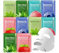 5/10 Pack Fruit Plant-Based Sheet Face Mask, Soothing Skin, Hydrating and Moisturising, with Aloe Vera, Green Tea, Peach, Strawberry, Blueberry, For All Skin Types (10 PCS)
