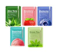 5/10 Pack Fruit Plant-Based Sheet Face Mask, Soothing Skin, Hydrating and Moisturising, with Aloe Vera, Green Tea, Peach, Strawberry, Blueberry, For All Skin Types (5 PCS)
