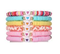 5-12Pcs Surfer Bead Bracelets Set Y2k Star Love Heart Charms Bracelets Vinyl Disc Heishi Colorful Clay Beaded Stretch Bracelet for Women Boho Summer Beach Stackable Jewelry Gifts, Adjustable