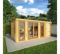 Mercia 5.1m x 3m Home Office Studio Log Cabin With Side Shed (44mm) - Oak UPVC Windows & Doors, Brown