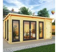Mercia 5.1m x 3m Studio Pent Log Cabin With Side Shed (44mm) - Grey UPVC Windows & Doors, Brown