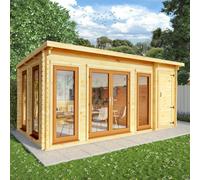 Mercia 5.1m x 3m Studio Pent Log Cabin With Side Shed (44mm) - Oak UPVC Windows & Doors, Brown
