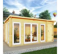 5.1mx3m Mercia Studio Pent Log Cabin With Side Shed - 44mm Logs - UPVC Windows and Door - White