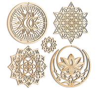5.31" Sacred Geometry Wall Art 4 PCS Set, (Mandala, Buddha Lotus, 64 Star Tetrahedron, Sun Moon and Stars) Crystal Grid Meditation Chakra Wooden Wall Art Yoga Decor Spiritual Gifts