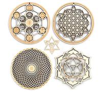 5.31" Sacred Geometry Wall Art 4 PCS Set, (Metatron Cube, 64 Tetrahedron, Torus, Merkaba) Crystal Grid Meditation Chakra Wooden Wall Art Yoga Decor Spiritual Gifts
