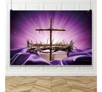 5 * 3ft Jesus Church Cross Backdrop Banner Crown of Thorns and Nails Photographic Background for Church Purple Holy Light Glowing Religious Backdrop Christian Church Religious Photo Studio Prop