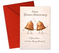 (5.3x8 Inch) Happy Bronze Anniversary Card, 8 Years Down, We Were Always Meant 2B, Cute Bronze Bells Design, Funny and Romantic, Blank Inside, Folded Card with Envelope for Bronze Anniversary