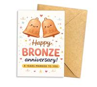 (5.3x8 Inch) Happy Bronze Anniversary Card, 8 Years Married to You, Cute Bell Design, Bronze Anniversary Greeting, Funny and Sweet, Blank Inside, Folded Card with Envelope for 8th Anniversary