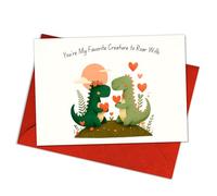 (5.3x8in) Cute Dinosaur Love Card, You’re My Favorite Creature to Roar With, Funny Romantic Greeting for Boyfriend, Girlfriend, Adorable Dino Couple Anniversary or Valentine’s Day Card (Xmas 14)