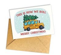 (5.3x8in) This Is How We Roll Merry Christmas Card, Funny School Bus Holiday Greeting, Cute Christmas Card for Teachers, Bus Drivers, and Staff, Festive Winter Scene with Kraft Envelope (Xmas 66)