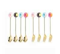5.5in Mini Cute Cartoon Stainless Steel Coffee Dessert Spoon Children's Spoon Fruit Fork Dessert Cake Fork Teaspoon (Donuts 8 Pieces,Gold)