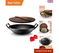 Nutrichef Pre-Seasoned Cast Pan-5.8 QT Heavy Duty Non-Stick Iron Chinese Wok or Stir Fry Skillet w/Wooden Lid, for Electric Stove Top, Induction, Large, Black
