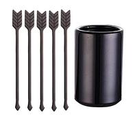 5'' 5Pcs Stainless Steel Coffee Stir Sticks with Stirrers Holder, Metal Coffee Swizzle Sticks Reusable Fruit Forks, Beverage Drink Cocktail Stirrer Swizzle Stirring Sticks Black