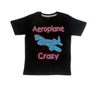 5-6 Years | Black Children's T-Shirt | Aeroplane Crazy | with Red & Sky Blue Print