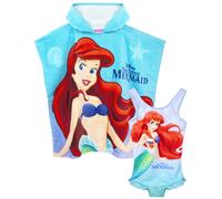 Disney Girls Swimsuit The Little Mermaid & Hooded Towel Poncho | Kids Ariel, Sebastian & Flounder Towelling Robe | Childrens Swimming Costume