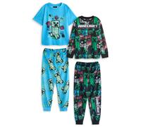 Minecraft Boys 2 Pack Pyjama Set Long OR Short Option | Children's Multicoloured Graffiti All Over Print Multi-Pack PJs | Kids Night Bottoms and Tops TNT & Creeper Graphic Mojang