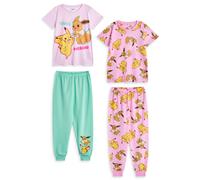Pokemon Girls Pyjama Set | Kids Pikachu & Eevee Graphic Short Sleeve Top & Long Leg PJ Bottoms in Pink & Green | Childrens Character All Over Print Nightwear | Animated TV Series Merchandise Gift