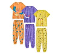 Pokemon Girls Pyjama Set | Kids Pikachu Gengar & Charizard Graphic Short Sleeve Top & Long Leg PJ Bottoms in Yellow Purple & Orange | Childrens Pocket Monster Character All Over Print Nightwear
