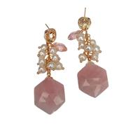5-6mm Cultured White Pearl 20mm Rose Quartz Hexangular Shape Stud Earrings Gemstone Jewelry