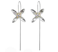 5.6x2.2cm Silver Flower Drop Earrings, Handcrafted Floral Threader Earrings with Gold Accents, Dainty Nature-Inspired Jewelry for All Occasions