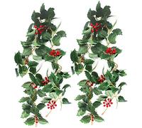 5.8 Ft Artificial Flowers Christmas Holly Spray Berries Garland Plant Red Berries Leaves Garland for Home Party Holiday Decoration (Green)