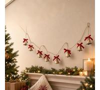 5.9ft Christmas Bells Garland with Velvet Bow Hanging Ornament | Vintage Jingle Bell Decorations on String, Decorative Craft Bell Garland on String Metal Gold Bells for Wall Ornaments