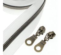 #5 Antique Brass Metallic Nylon Coil Zippers by The Yard, Bulk 10 Yards White Zipper Tape with 25PCS Antique Brass Zippers Pulls for DIY, Sewing, Tailor, Craft, Bags YIGUANXIN