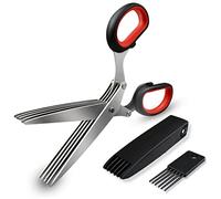 5 Blade Herb Scissors Kitchen Herb Shears Cutter Multipurpose Cutting Shear with 5 Stainless Steel Blades & Safety Cover & Cleaning Comb Salad Sizzors Cilantro Chive Parsley Onion Scissors (Black Red)