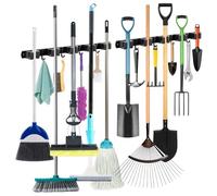 5 Broom Holders with 4 Hooks, Pack of 2 Broom Holder Wall Mount Broom Mop Holder No Drilling or Drilling, Self-Adhesive Tool Holder Organiser for Garage, Garden, Storage Room, Kitchen, Bathroom