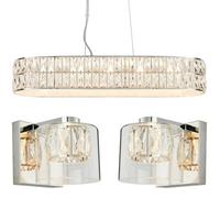 5 Bulb Ceiling Bar & 2X Matching Wall Mount Light Long Chrome & Crystal Glass