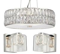 5 Bulb Ceiling Pendant & 2X Matching Wall Mount Light Chrome & Crystal Glass