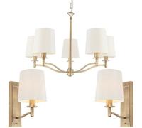 5 Bulb Ceiling Pendant Lamp & 2X Matching Wall Light Matt Antique Brass & Shade