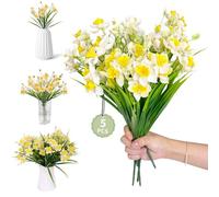 5 Bunches 10 Heads Daffodils Artificial Flowers, Outdoor Spring Summer Decoration UV Resistant Fake Flowers Plastic Flowers Outside Hanging Garden Home Porch Wedding Party Decor (White Yellow)
