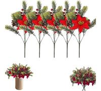 5 Bundles Poinsettia Flowers,Artificial Poinsettias Christmas Flowers with Red Berry, 14" Red Poinsettia Flower Heads for Christmas Tree, Xmas Garland, Vase, Window Box, Porch Decorations (s1)