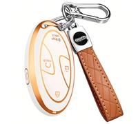 5 Buttons Compatible with Hyundai Key Fob Cover Accessories, Fits for Elanrtra Sonata Ioniq Santa Fe Santa Cruz KONA Tucson, Soft TPU Key Case with Leather Keychain (Ivory)